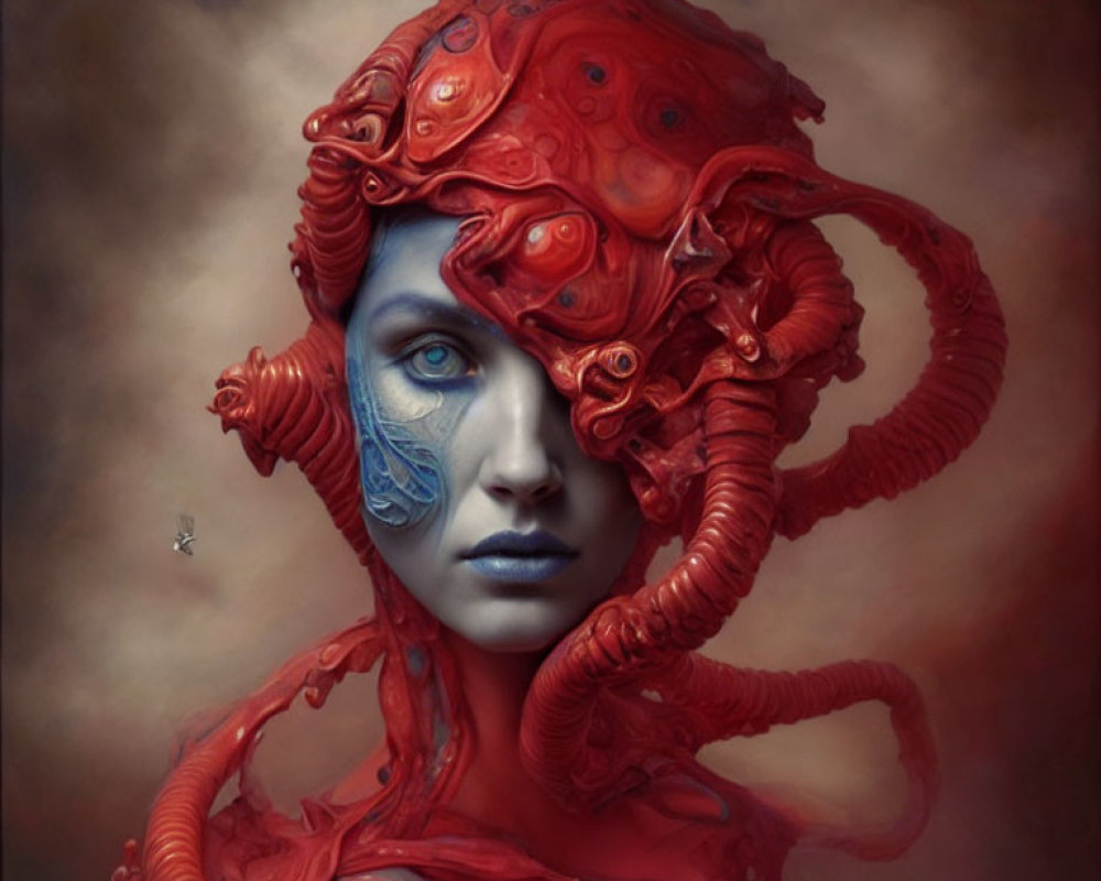 Surreal portrait of woman with red octopus headwear and tentacle accents