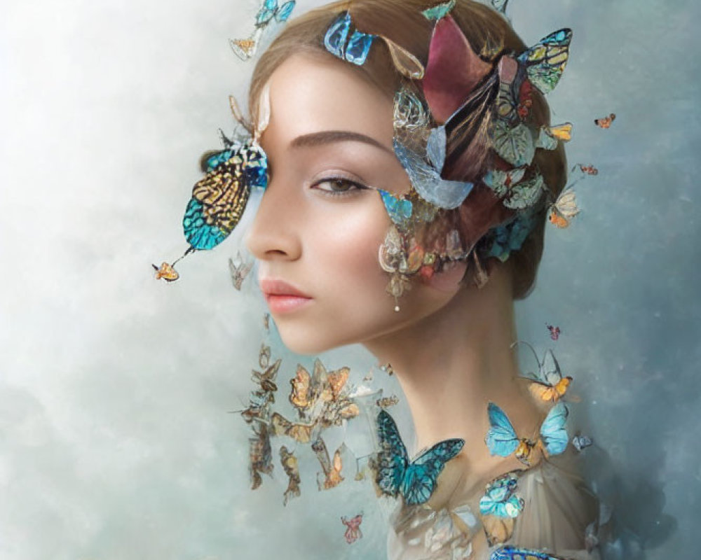 Woman surrounded by butterflies in dreamy atmosphere