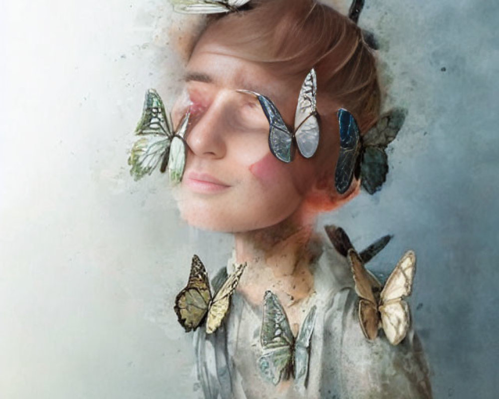 Portrait of person with butterflies on head against textured background