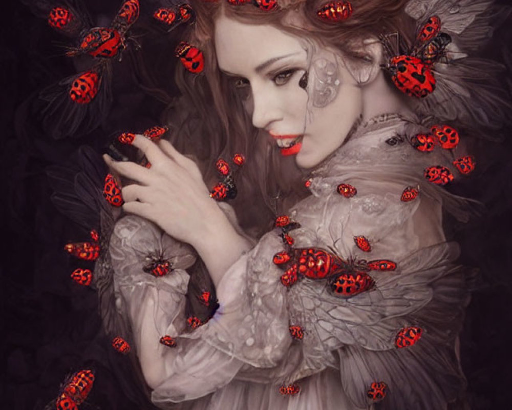 Woman with Flowing Hair and Red/Black Ladybugs on Dark Background