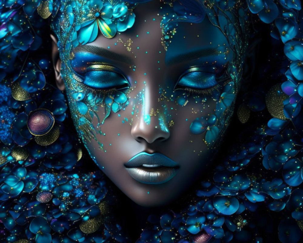 Fantasy portrait of a woman with blue skin and sea-inspired elements