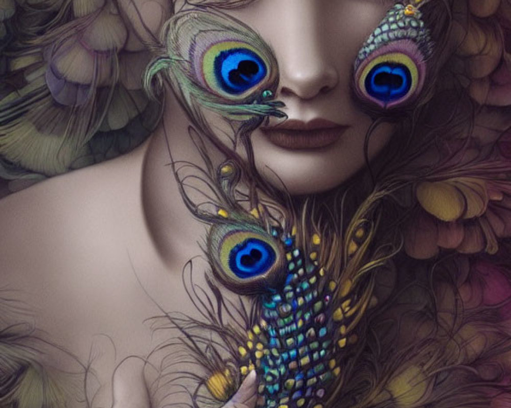 Vibrant surreal portrait with peacock feathers and mystical aura