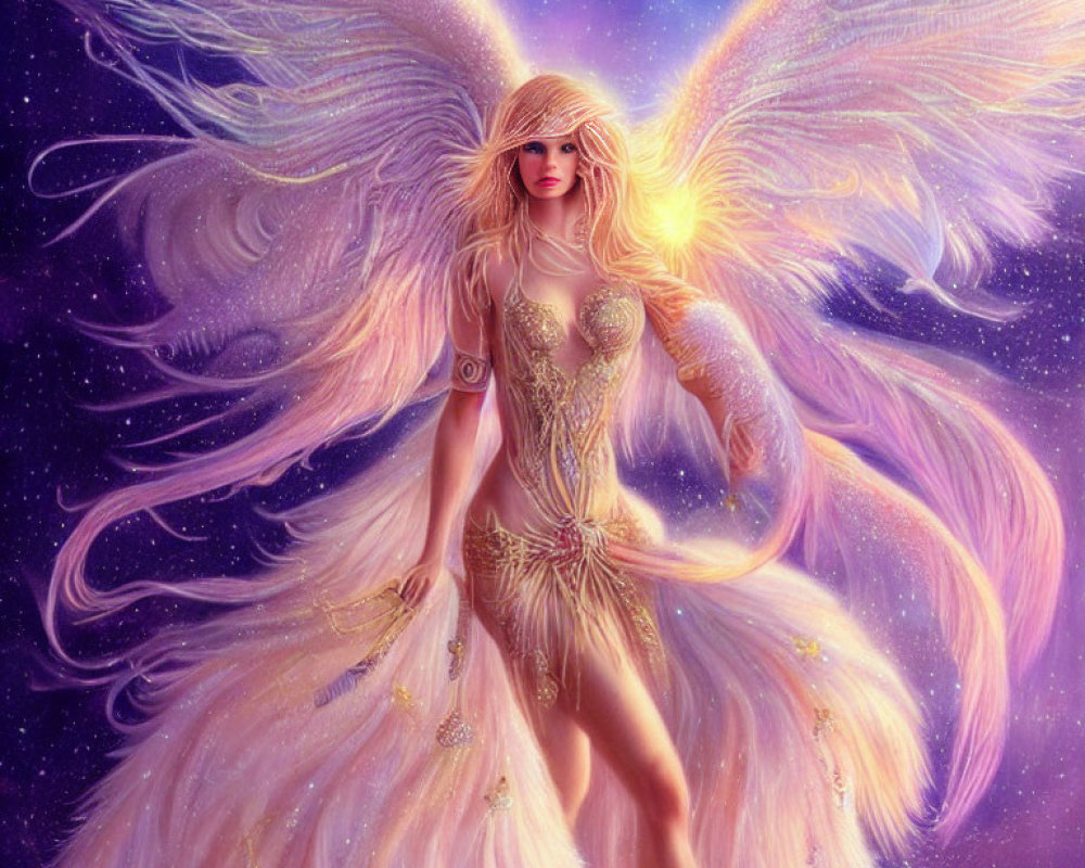 Ethereal angel with luminous wings in starry sky illustration