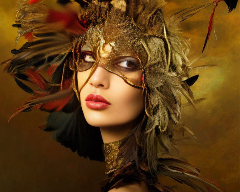 Opulent feathered headdress and golden mask on warm-toned backdrop