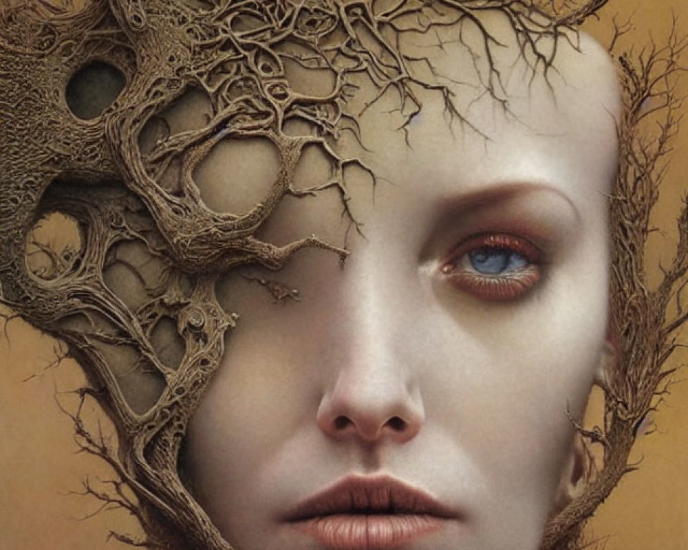 Surrealist portrait merging tree branches and roots with vivid blue eye