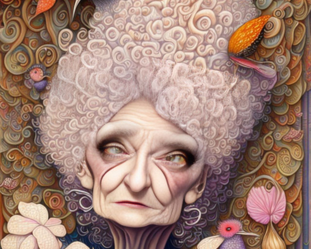 Colorful whimsical illustration: Elderly woman with oversized, bird and flower adorned hairdo