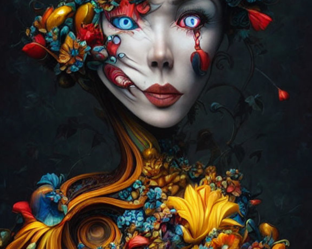 Vibrant surreal portrait with blue and gold floral elements