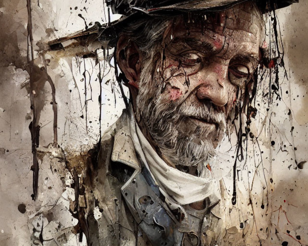 Elderly man with beard and hat in gritty artistic depiction