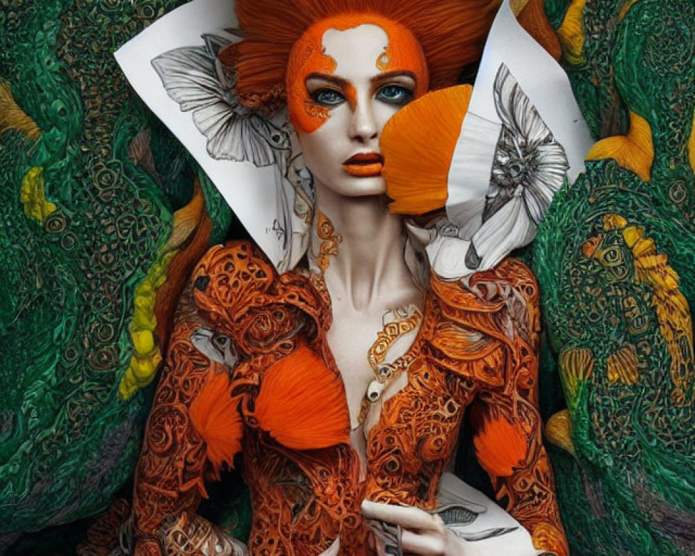 Vibrant red-haired woman with orange body paint in peacock feather setting