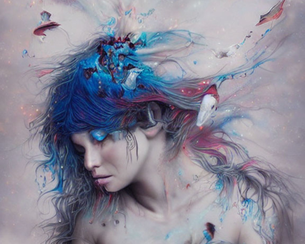 Blue-haired woman with ethereal makeup surrounded by colorful, paint-like splashes.