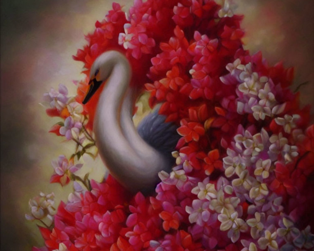 Elegant swan amidst vibrant flowers in tranquil setting