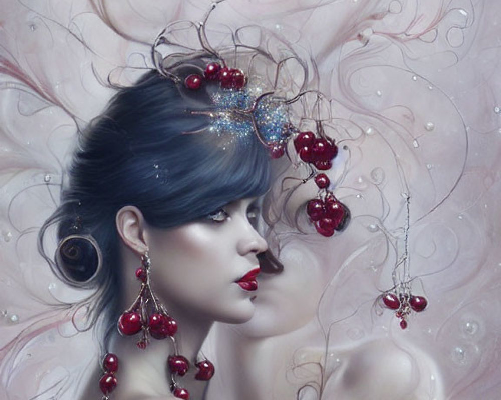 Surreal portrait: Woman with dark hair, red berries, and intricate ornaments on swirl-patterned