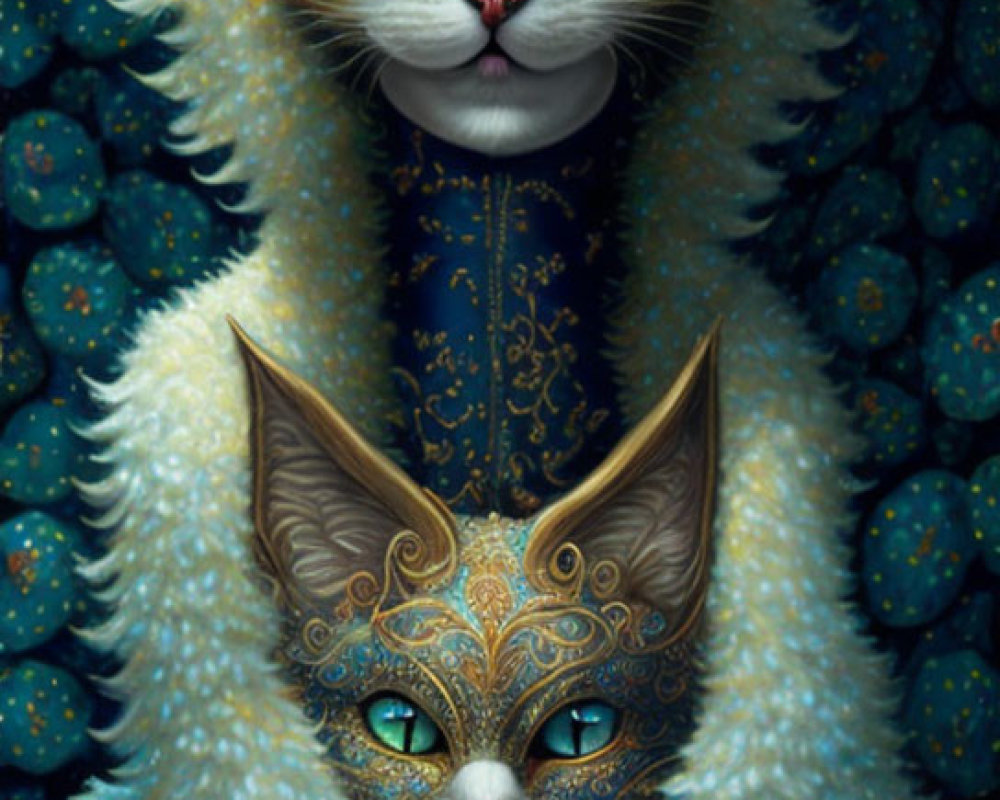 Intricately designed fantasy cats with golden patterns on dark background