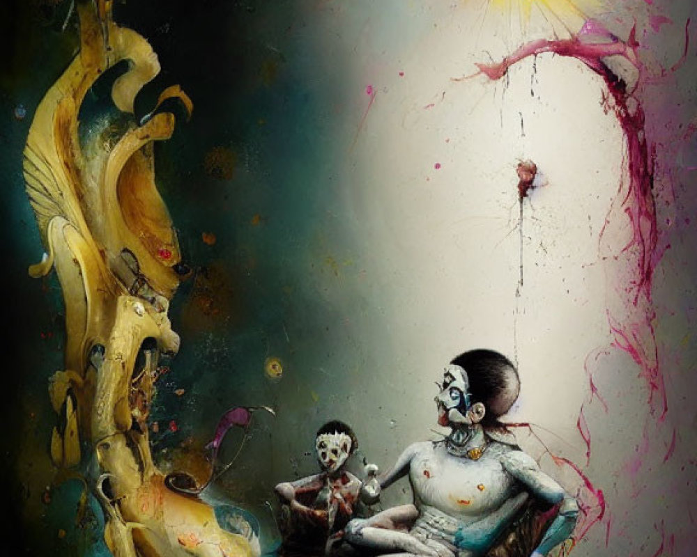 Surreal Clown Painting with Skull on Floating Mattress