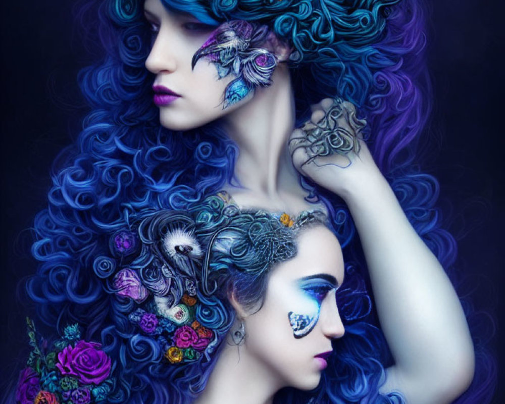 Vibrant surreal portrait of two women with blue and purple hair and ornate floral decorations