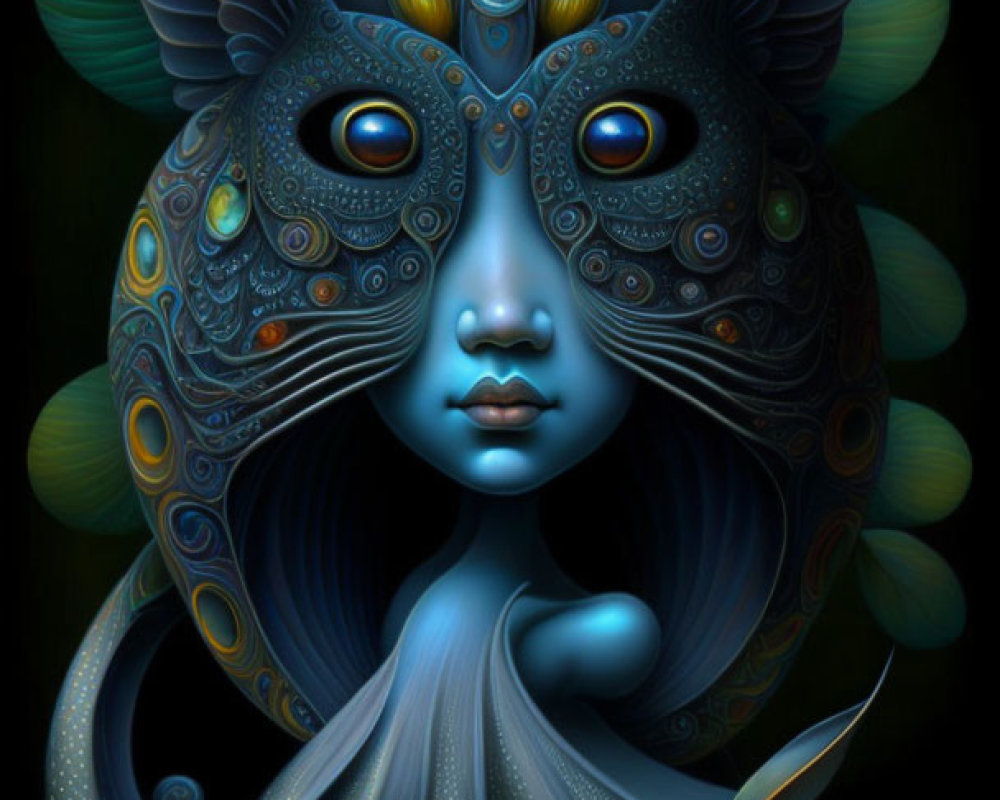 Surreal digital art: Human, aquatic, feline features on dark background