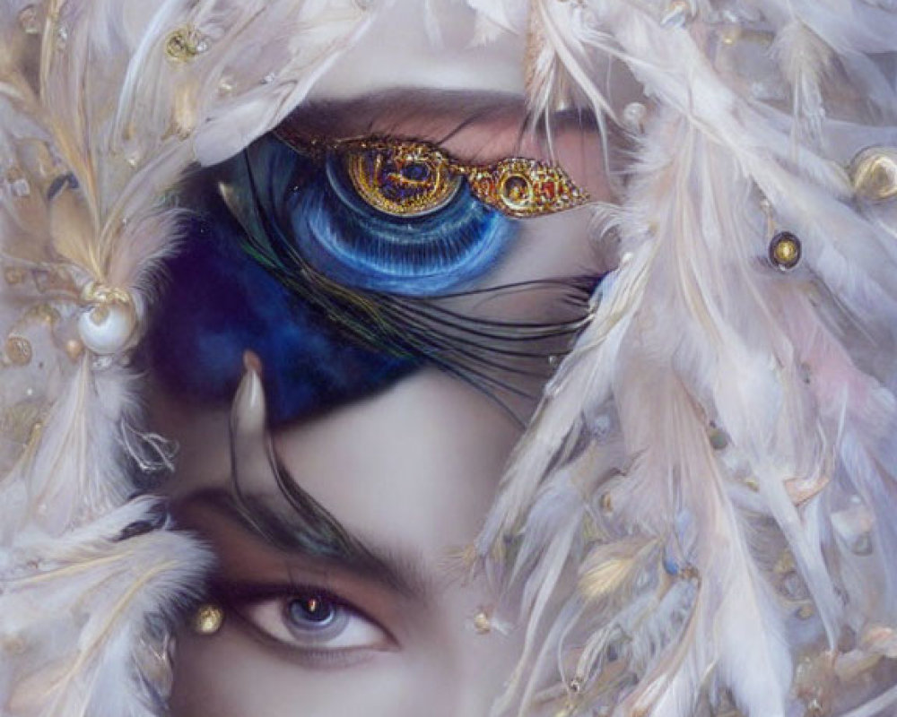 Feathery mask with vivid blue eyes and striking makeup