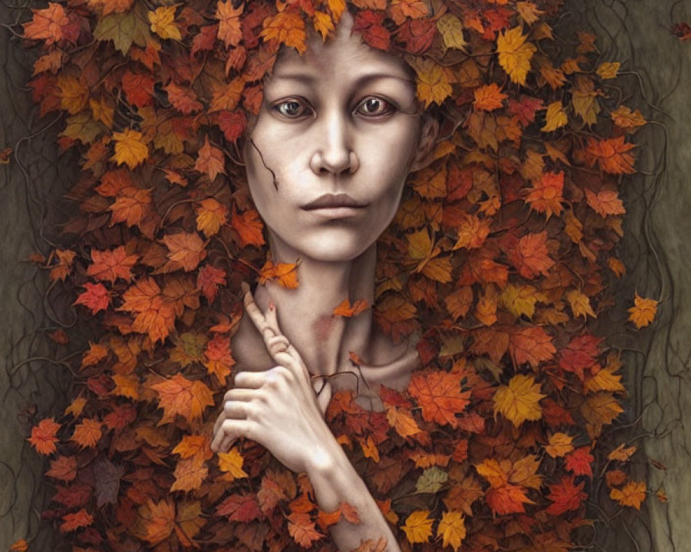 Woman with autumn leaves in hair blending into tree-like background