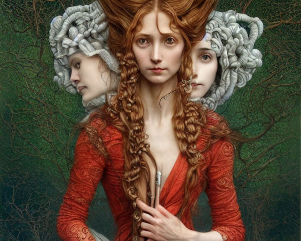 Surreal portrait featuring three women with unique hairstyles