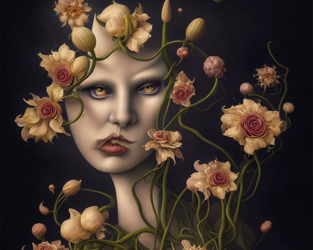 Surreal portrait featuring yellow and pink floral hair on a face against dark backdrop