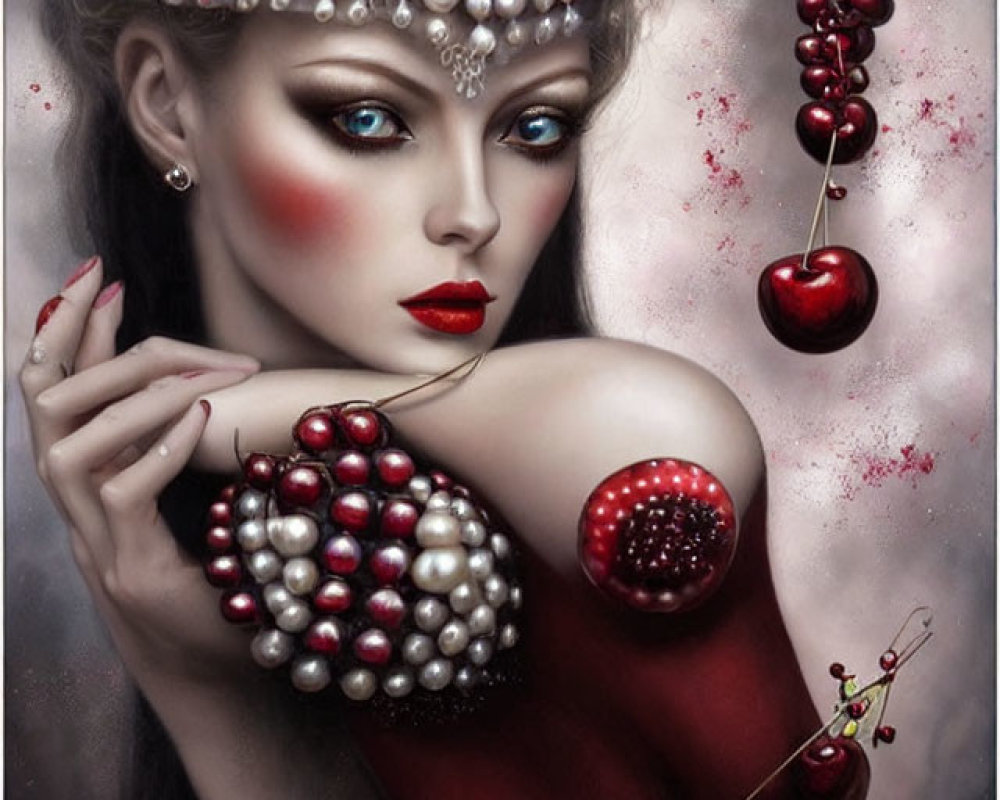 Stylized portrait of woman with pearl accessories and cherry motifs