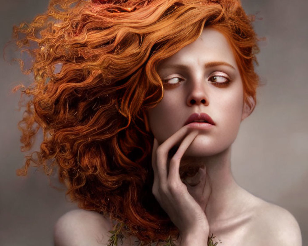 Red-haired woman with green eyes and golden bracelet portrait.