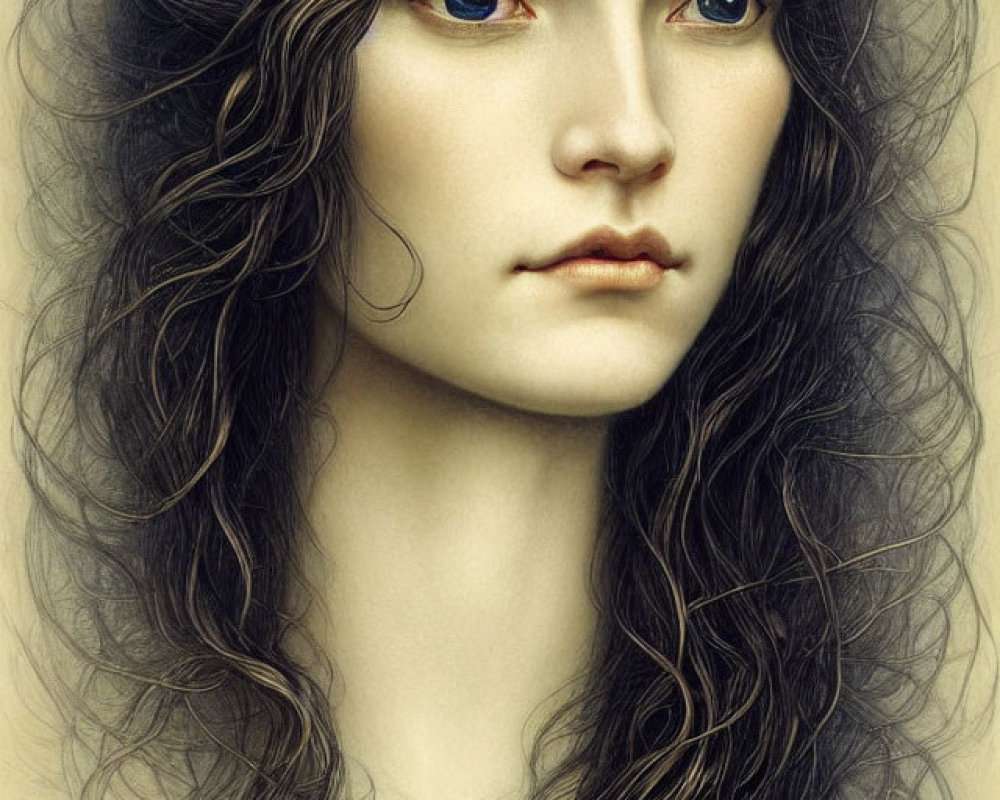 Detailed Illustration: Woman with Wavy Hair, Fair Skin, Heterochromatic Eyes