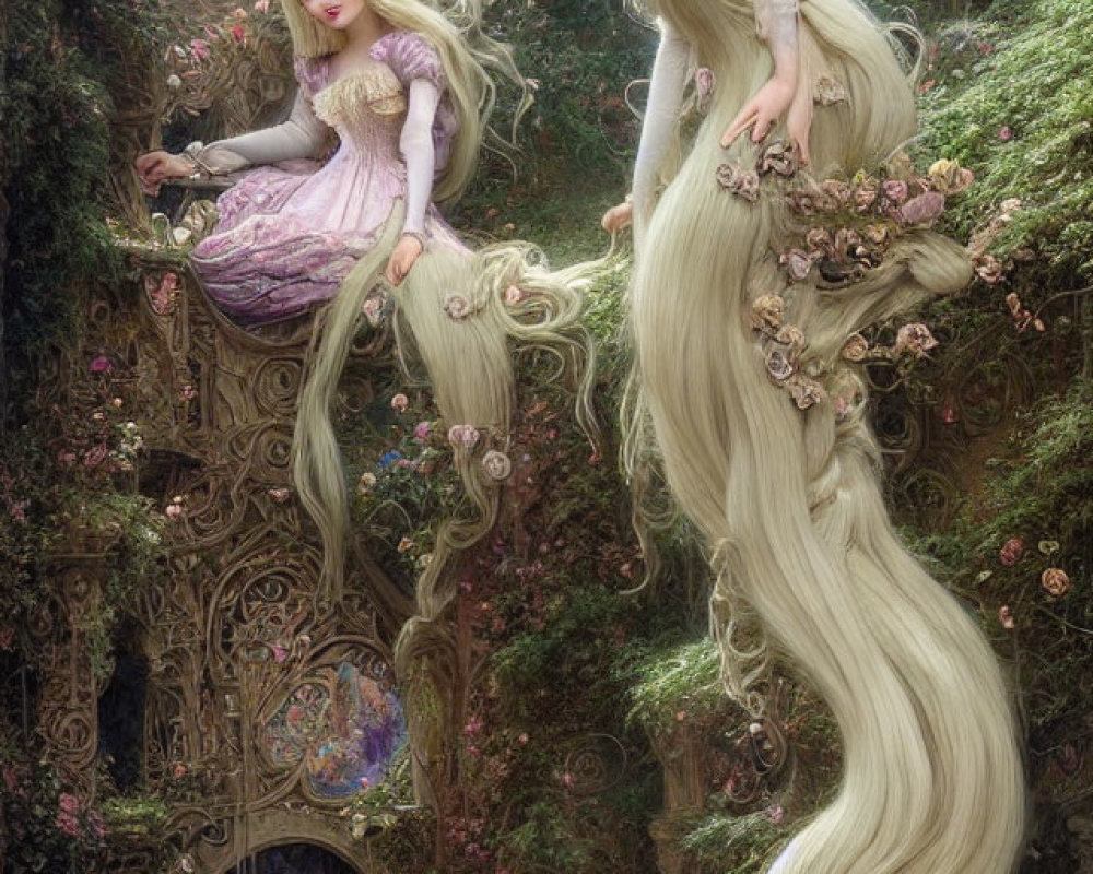 Animated Princesses with Extra Long Hair in Fantasy Garden with Floral Architecture