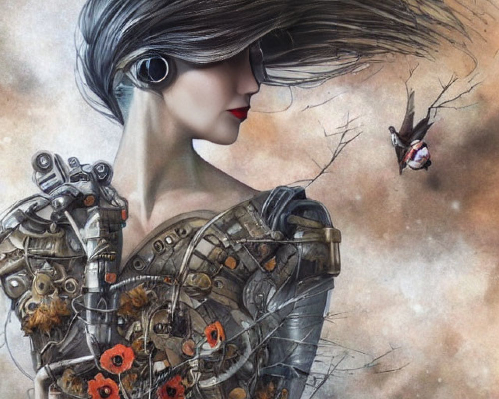 Female robot with poppies, flowing hair, and bird in digital art