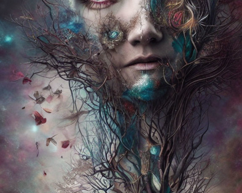 Surreal portrait: woman's face merges with tree, butterflies, nebula backdrop