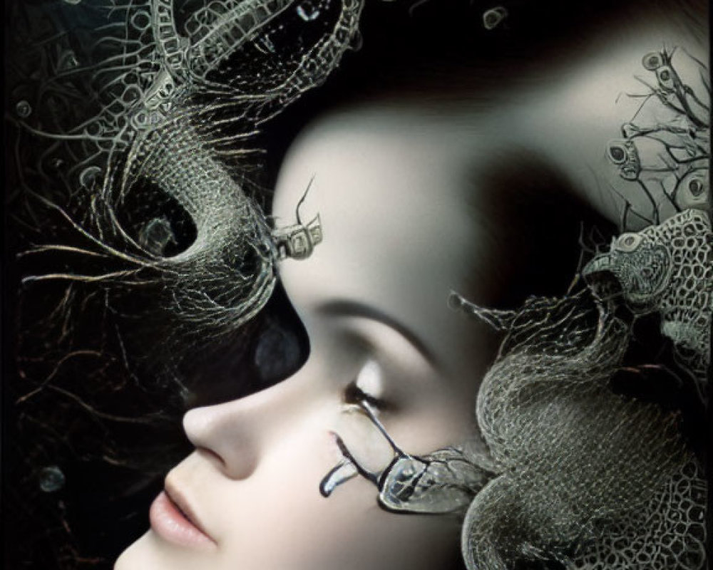 Woman with Intricate Lace-Like Horns in Dark, Ethereal Setting