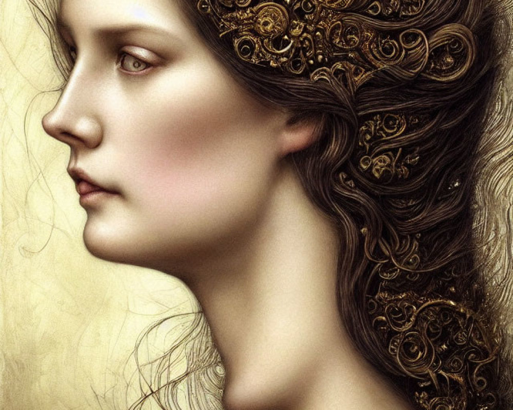 Profile portrait of woman with intricate golden hair ornamentation.