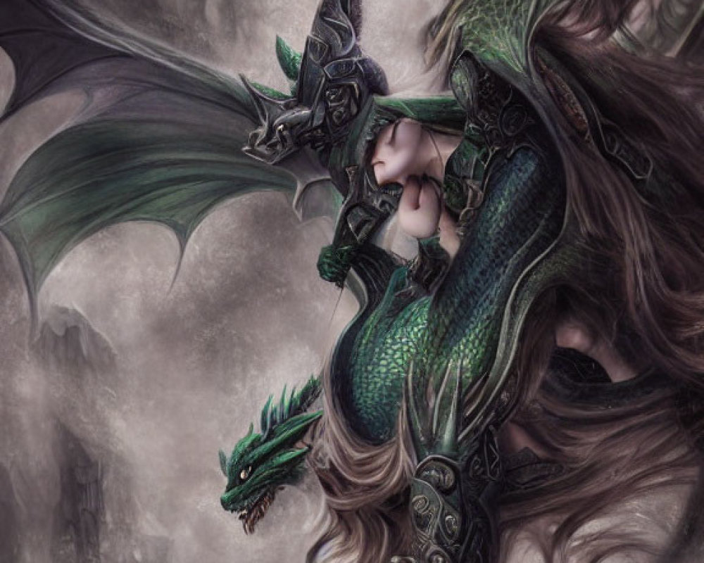 Fantasy Artwork of Woman with Dragon in Forest Setting