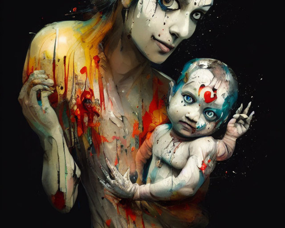 Blue-haired woman holding a baby splattered with red and yellow paint