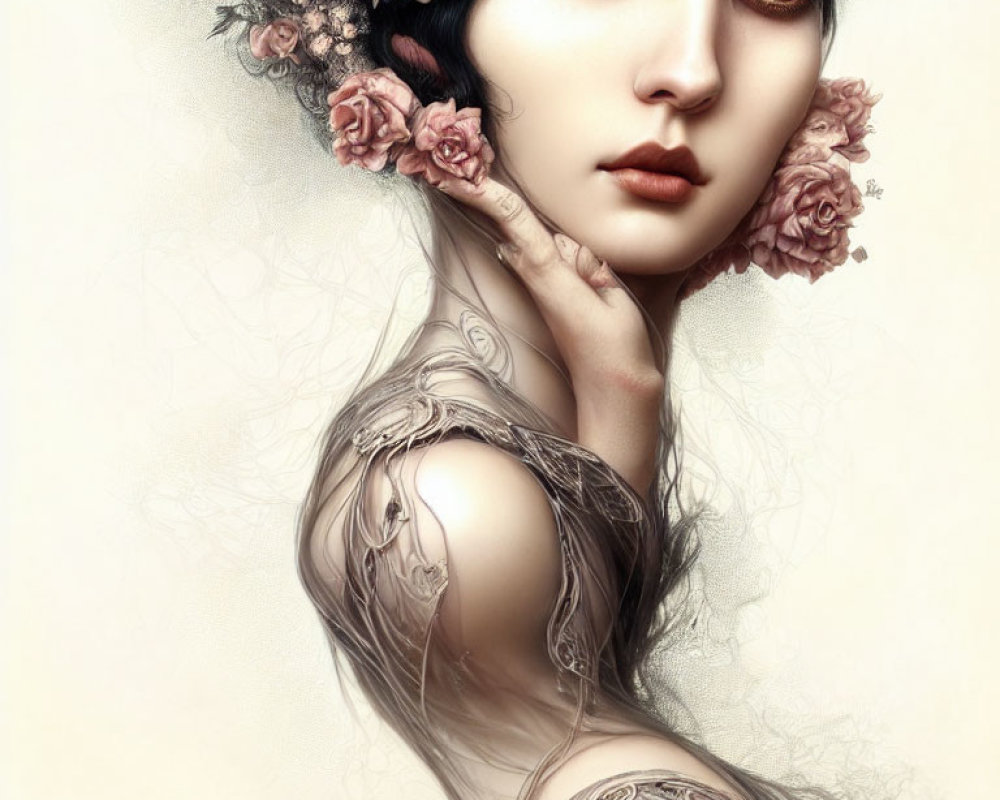 Illustrated portrait of a woman with floral hair adornments and subtle tattoos