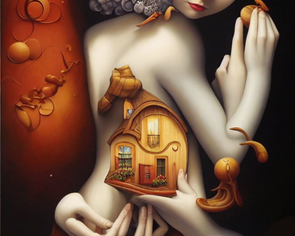 Surreal painting of woman with tree-like body and house in arms