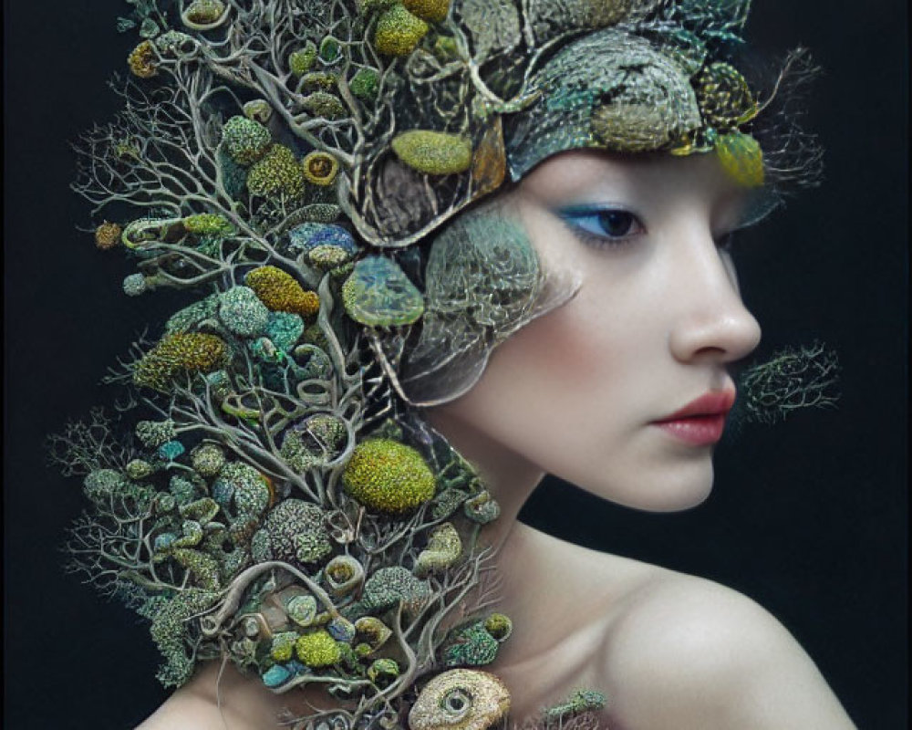 Portrait of a woman with forest elements blending in artistically