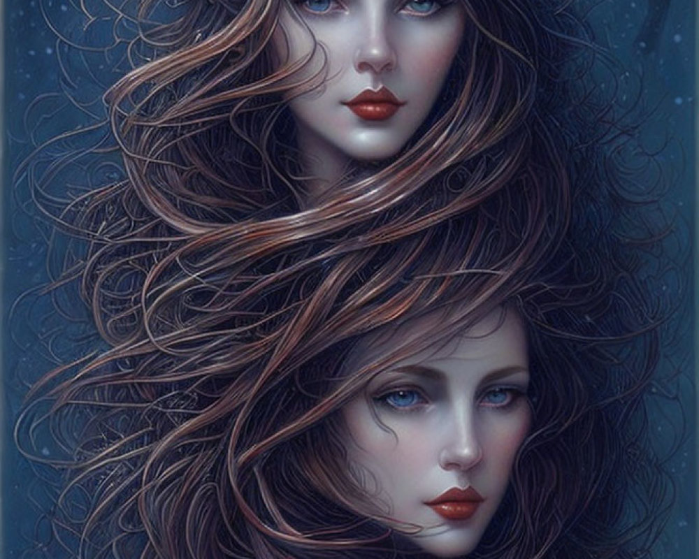 Stylized female faces with wavy brown hair on dark blue background