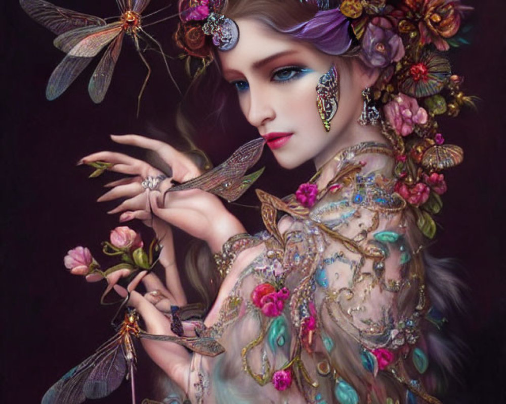 Ethereal female figure with floral adornments and dragonflies on dark background