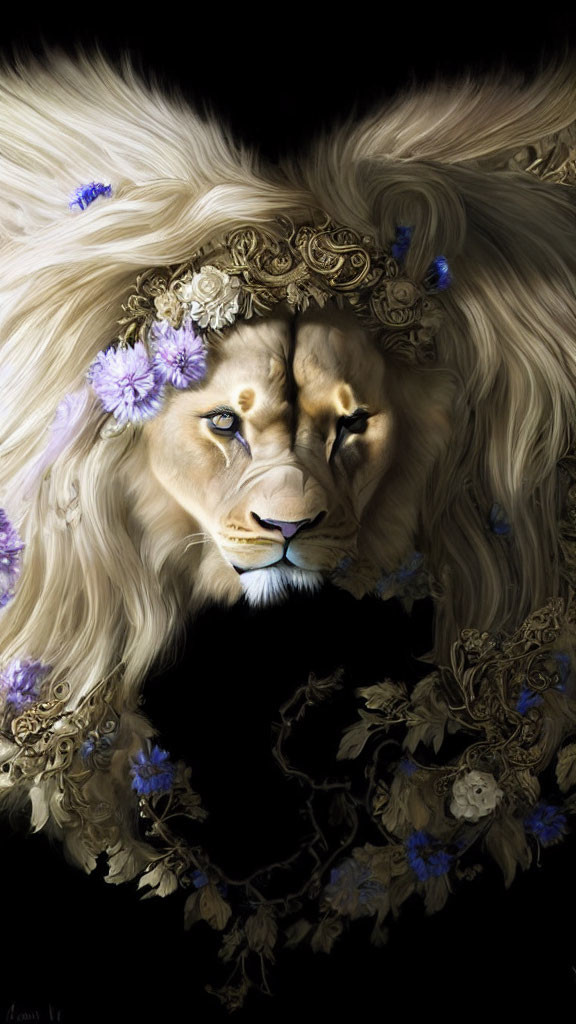 Majestic lion with floral mane on black background