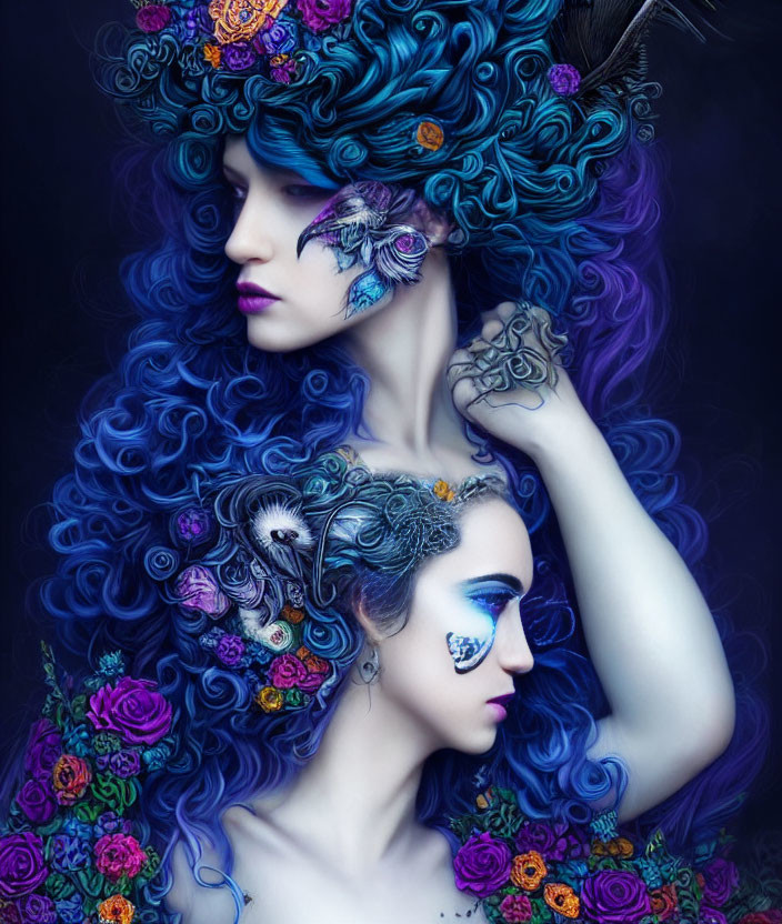 Vibrant surreal portrait of two women with blue and purple hair and ornate floral decorations