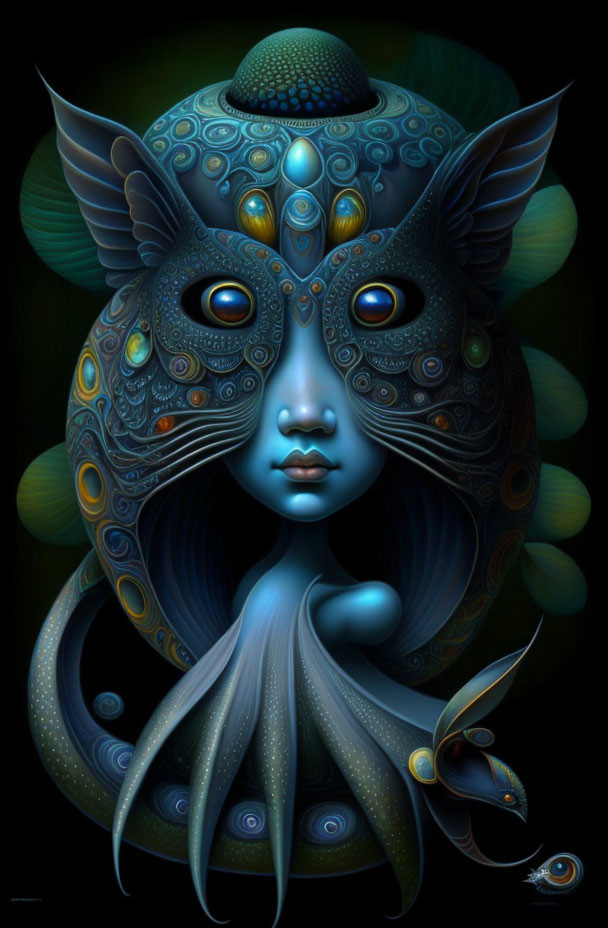 Surreal digital art: Human, aquatic, feline features on dark background