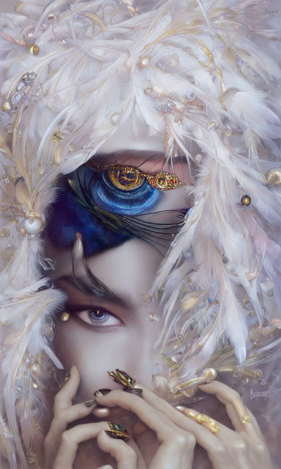 Feathery mask with vivid blue eyes and striking makeup