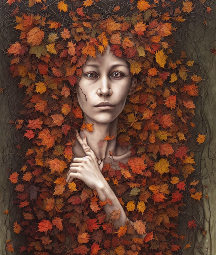 Woman with autumn leaves in hair blending into tree-like background