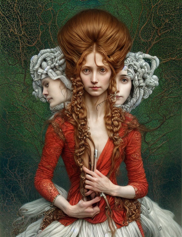 Surreal portrait featuring three women with unique hairstyles