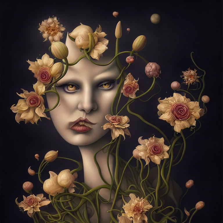 Surreal portrait featuring yellow and pink floral hair on a face against dark backdrop