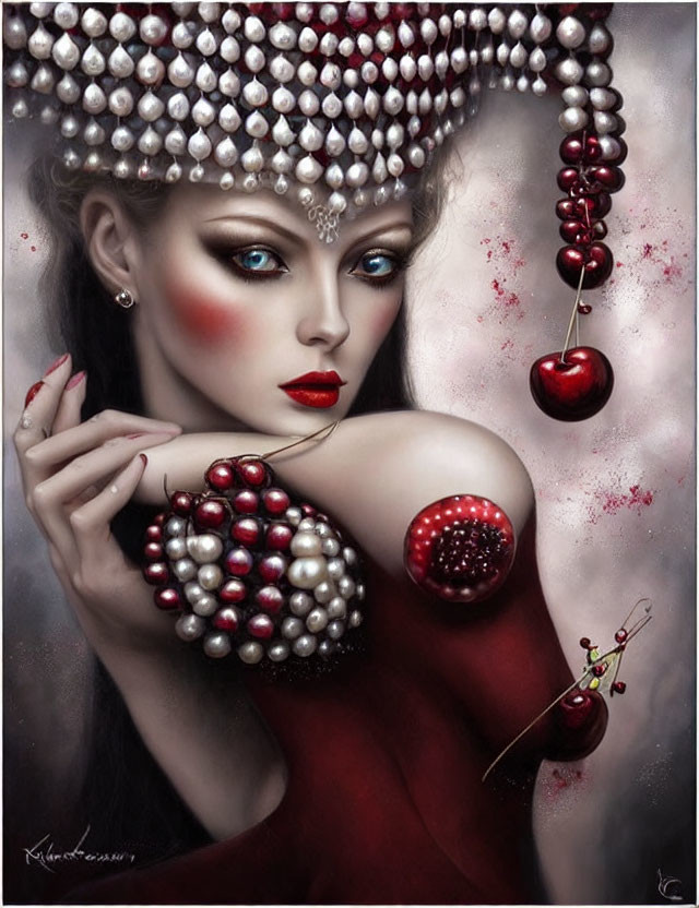 Stylized portrait of woman with pearl accessories and cherry motifs