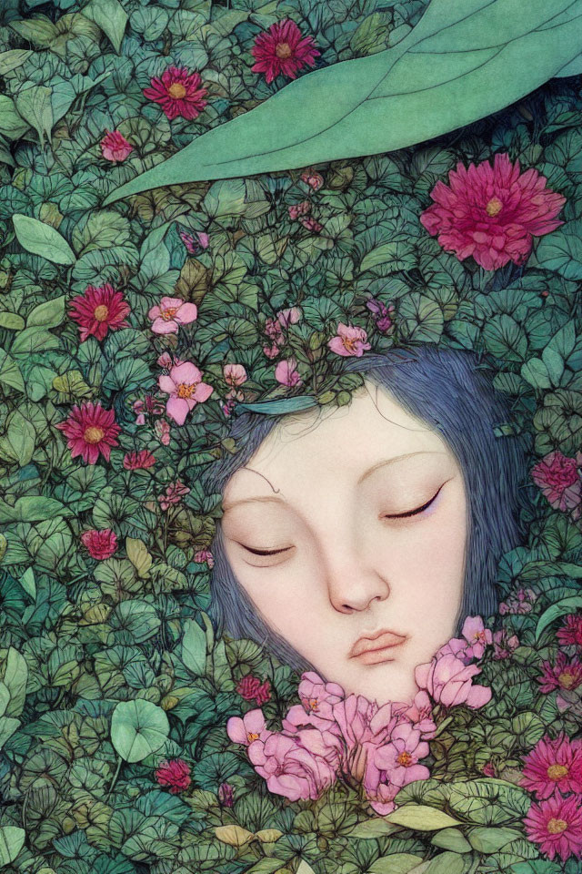 Illustration of serene girl in lush greenery with vibrant flowers