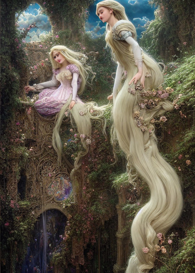 Animated Princesses with Extra Long Hair in Fantasy Garden with Floral Architecture