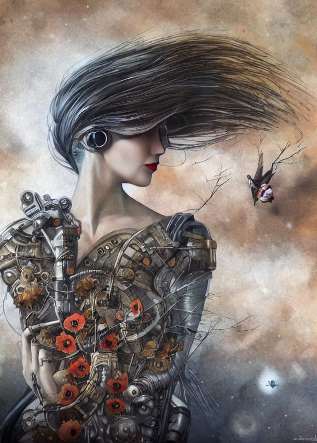 Female robot with poppies, flowing hair, and bird in digital art